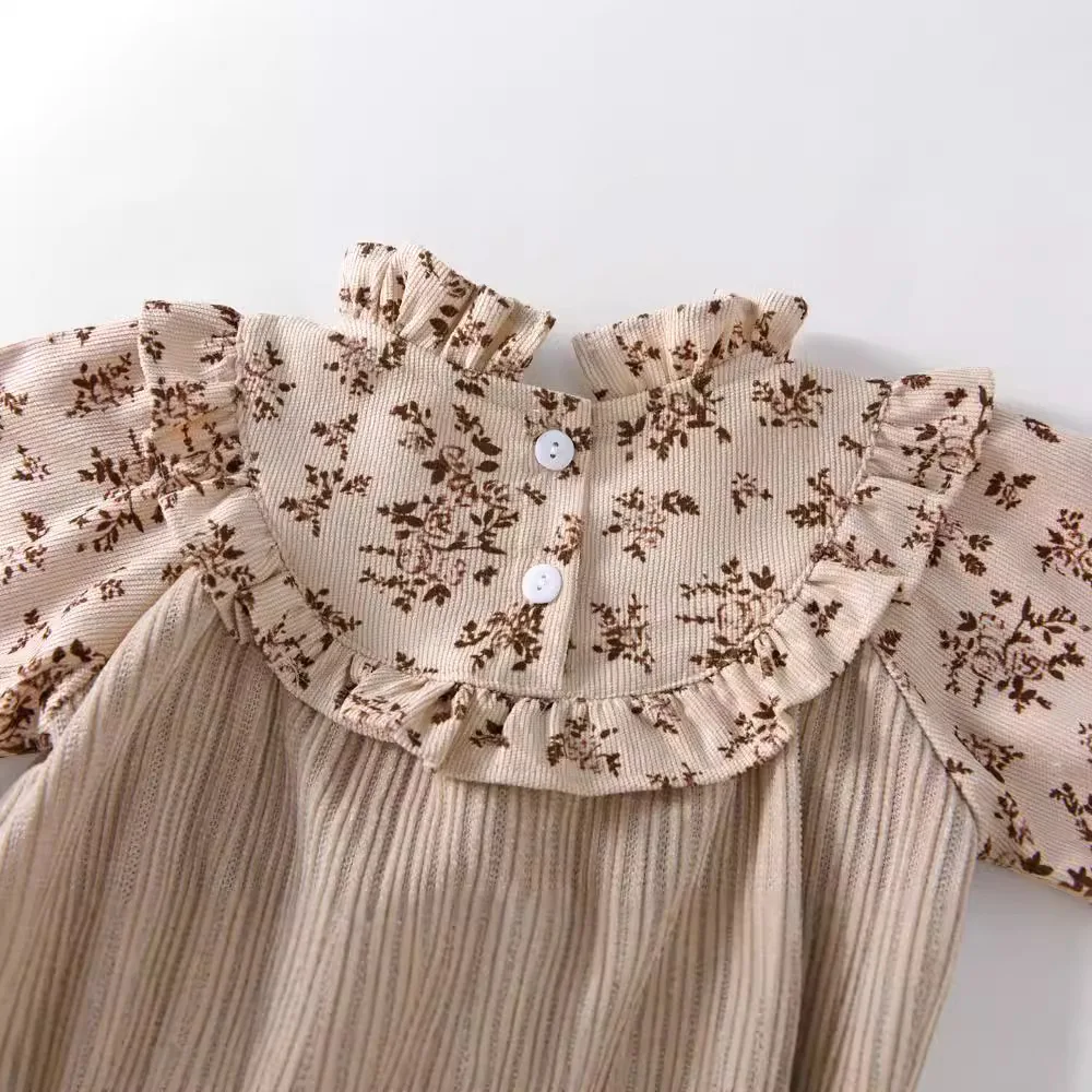 فستان أطفال كوري جديد للربيع والخريف، مرقع بالزهور الكاكي، غطاء سفلي، ياقة واقفة، ملابس زحف مثلثة للأطفال #3