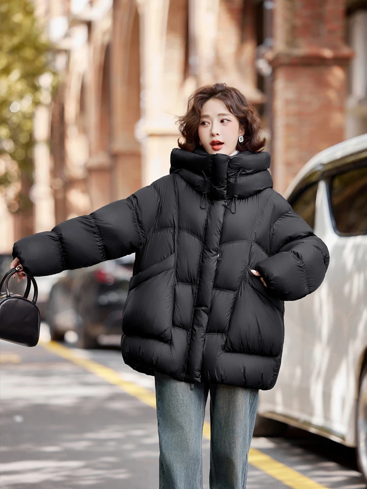 Warm Hooded down jacket Women's Oversize 2026 Winter Pockets Long sleeve puffer coat Female Outwear Solid color INKEO DJ637