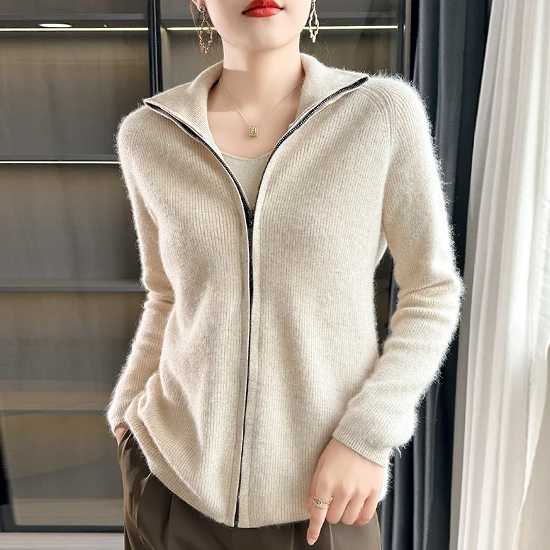 French Fashion Woman Clothing Zipper Stand Collar 100% Alxa Cashmere Cardigan Autumn and Winter Female Sweater Knit Coat 093 XXL