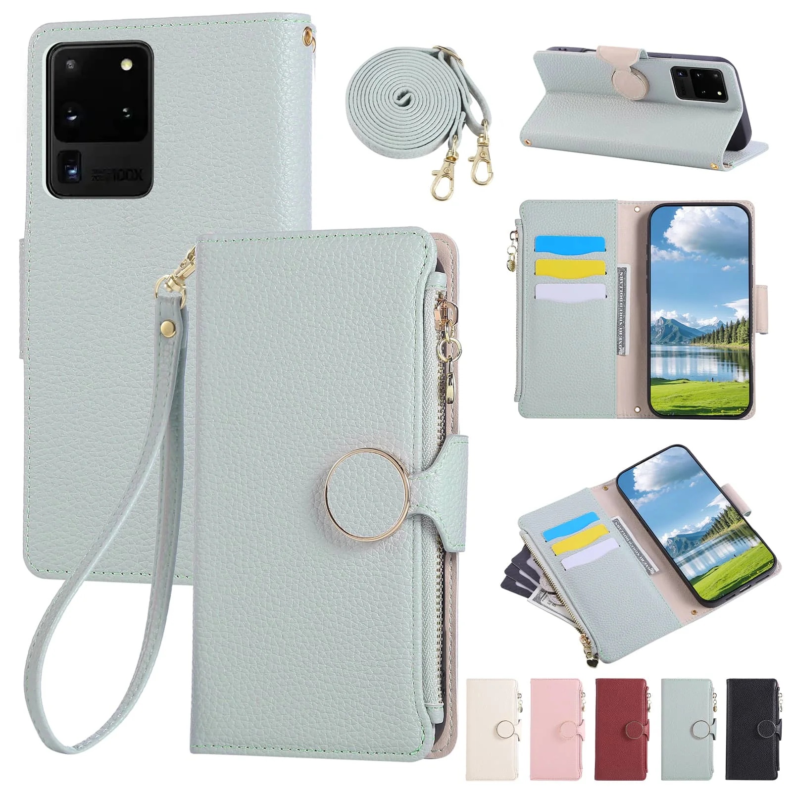 For Samsung Galaxy S20 Ultra S10 Plus Note 20 Ultra 10 Note Wallet Case Crossbody Strap Card Holder Magnetic Snap Clasp Cover