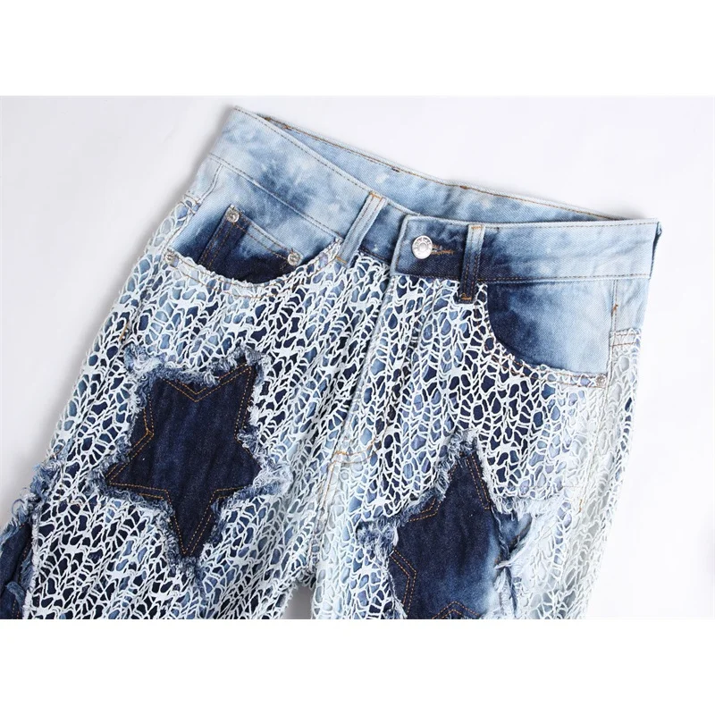 Fashion trendy party jeans men's slim-fitting patchwork embroidered retro punk slim fit straight leg motorcycle trousers