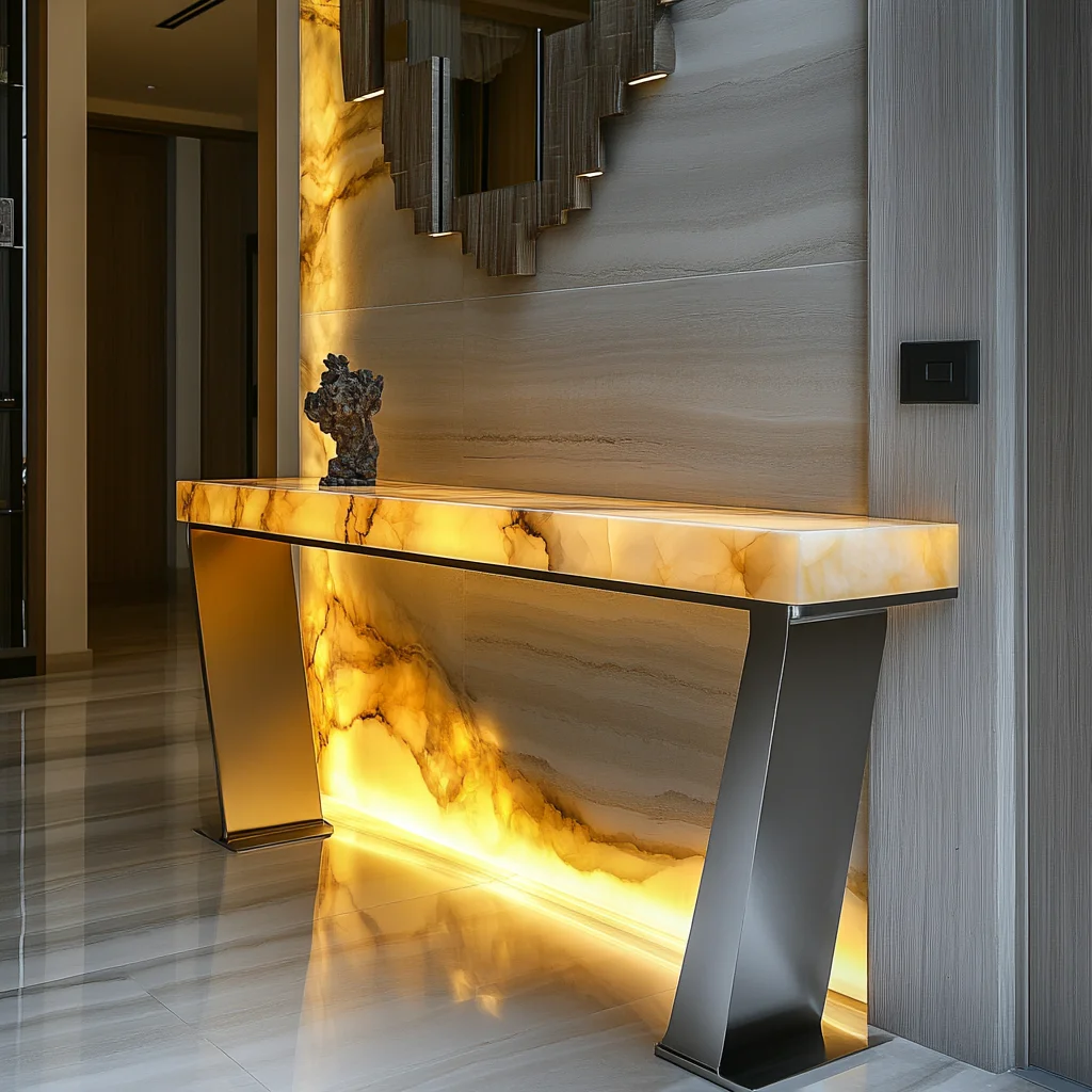 

Luminous jade luxury stone console tables cabinet aisle curio cabinet table light luxury console table