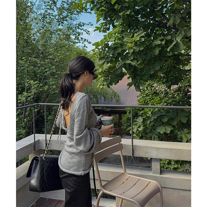 سترة نسائية مفرغة من MEXZT Y2K ملابس خروج مثيرة بدون ظهر وأربطة بلوفرات محبوكة Gyaru ملابس تريكو خريف الجرونج الكورية