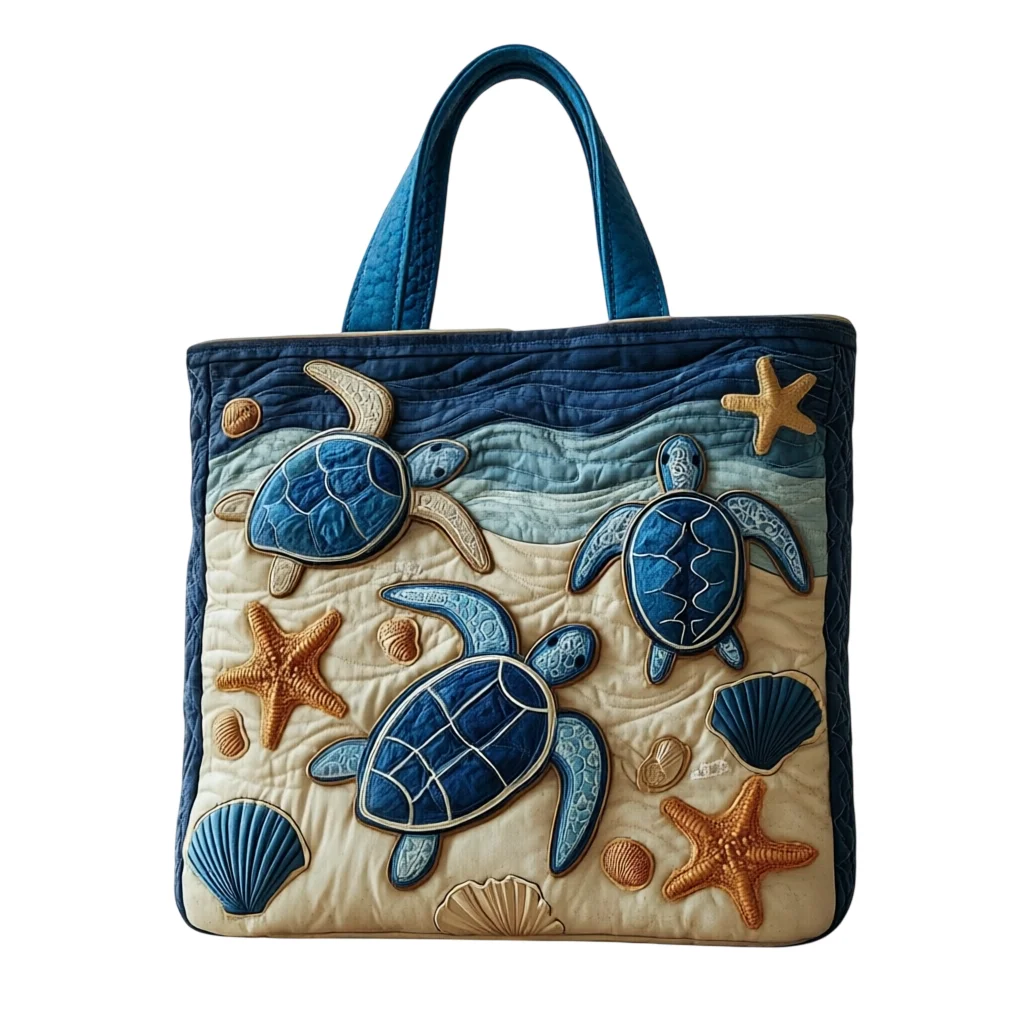 

Ocean Sea Turtle Quilted Tote Bag Casual Beach Shoulder Handbag with Starfish Shell Print Reusable Shopping Bag for Travel Daily
