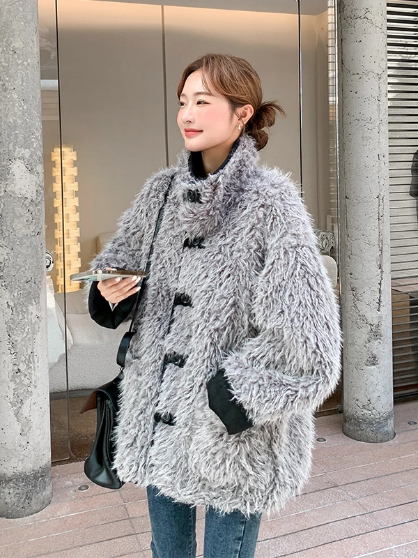 เสื้อโค้ทผ้าฝ้ายอุ่นสบายแบบลำลองสำหรับผู้หญิง แบรนด์ Bla แบบสองด้าน ใช้ขนแกะ แต่งหนังและขนสัตว์ สไตล์ฝรั่งเศส