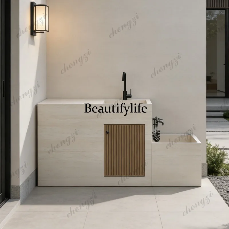 Villa outdoor rock slab outdoor courtyard washbasin with mop pool integrated column basin operation table