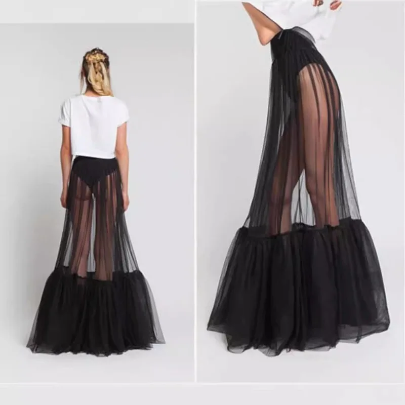 DoLife Store Pleated Drawstring Mesh Skirt Low Waist Perspective Thin A-shaped Skirt Long Skirt