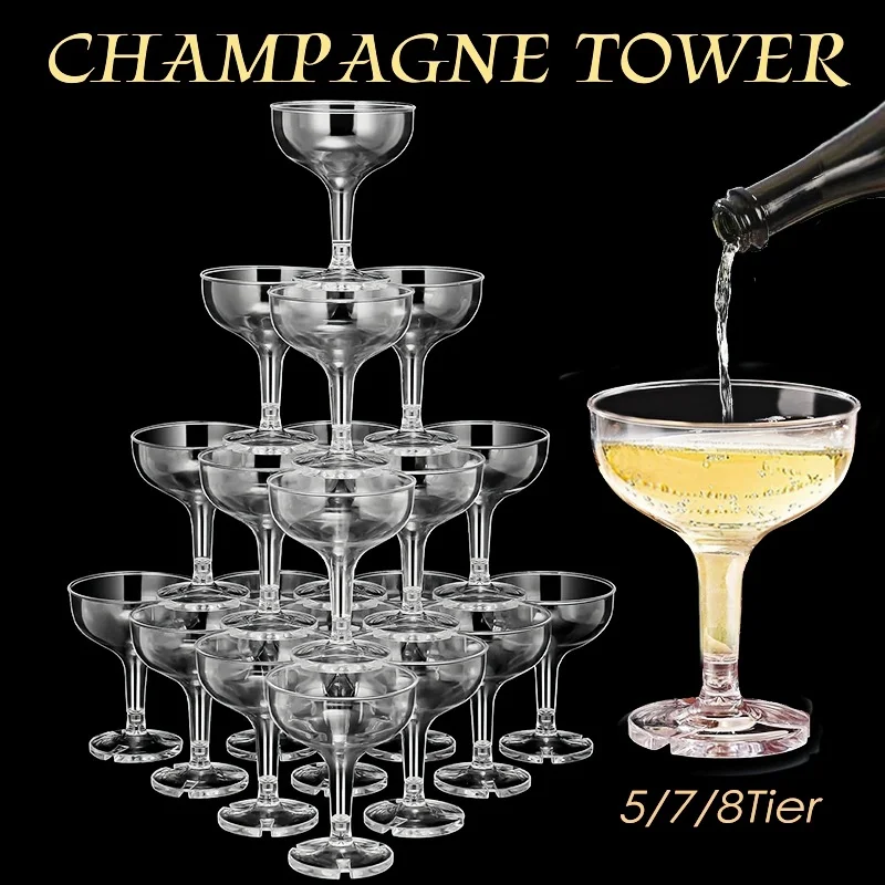 

5/7/8Tier Champagne Tower Glasses 5oz Clear Plastic Champagne Glasses for Wedding Birthday Party Plastic Couple Glasses