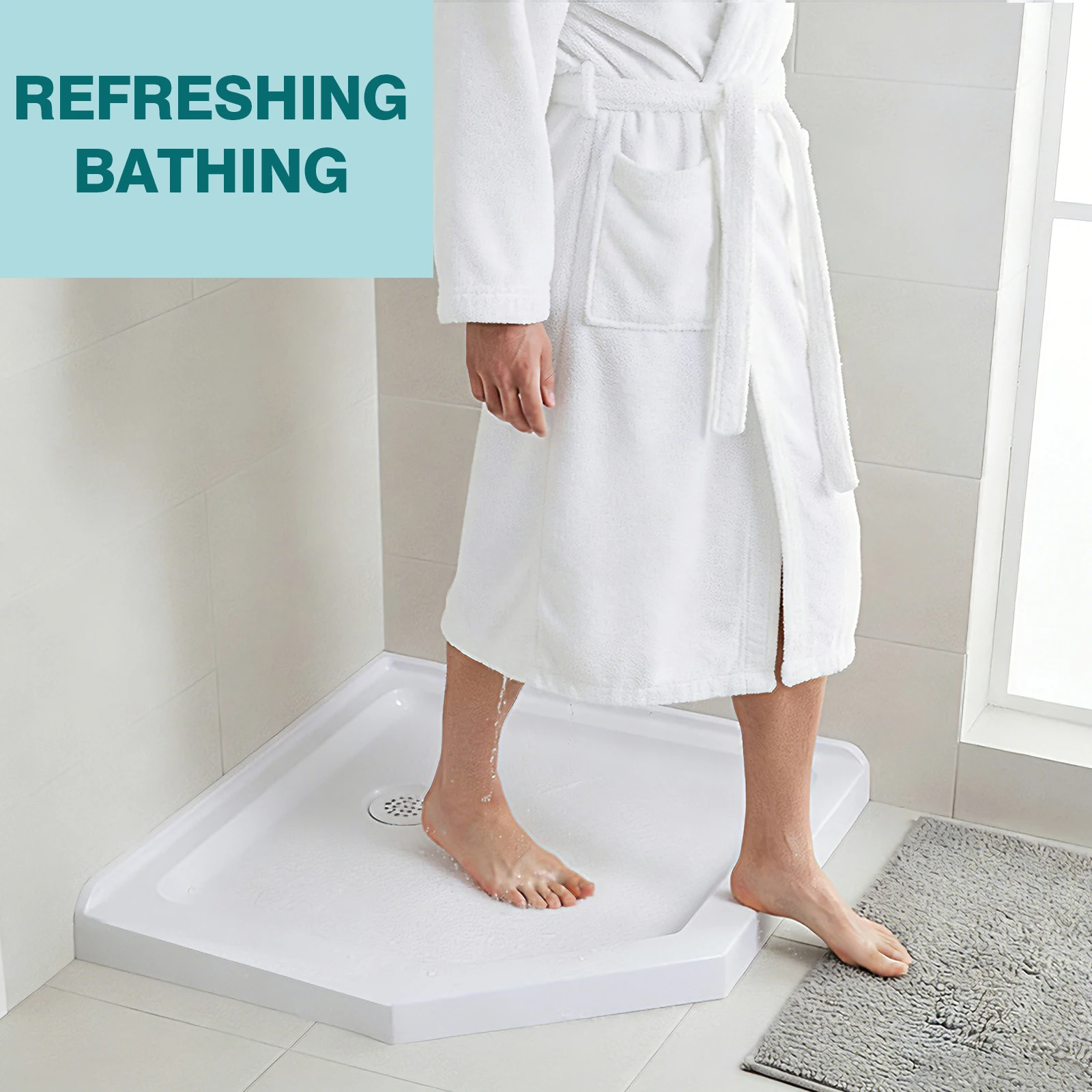 

Neo-Angle Shower Base with Corner Drain 37 In. L X 37 In. W Shower Base Pan Non-Slip Textured Surface for Modern Bathrooms