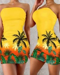 Bodycon Dress Women 2024 Dress Summer Strapless Off Shoulder Allover Print Sleeveless Ombre Tropical Bandeau Skinny Mini Dresses