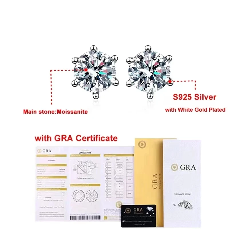 2ct Moissanite Studs Thread Earrings S925 Sterling Silver White Gold Plated Lab Diamond Earring With GRA for Women Fine Jewelry