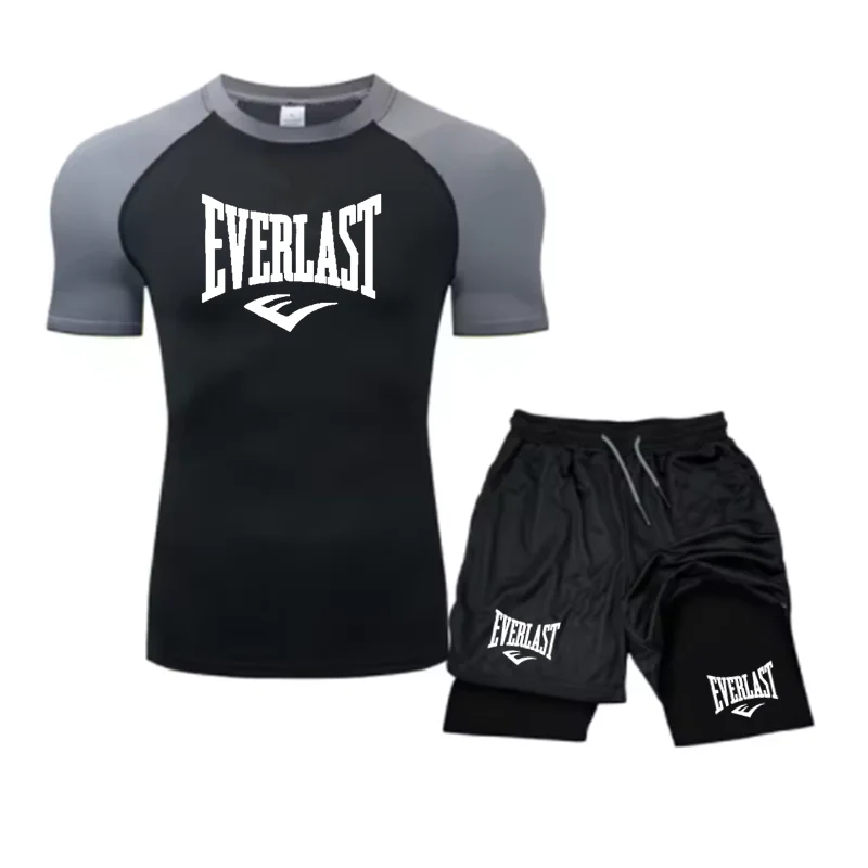 EVERLAST Men\'s Compress Shirt + 2-in-1 sports shorts 2pcs Set Leisure Breath Short Sleeve Sport Jogging Gym Brand Print Clothing