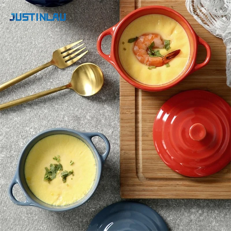 Tigela de cerâmica vitrificada para cozinha, tigela de orelha dupla com tampa para casa, café da manhã, ovo cozido no vapor, pudim, sopa, forno de micro-ondas