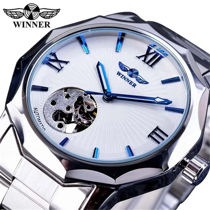 

Winner Watch Men Skeleton Watches Fashion Silver Business Stainless Steel Automatic Mechanical Wristwatches Relojes Hombre 2023