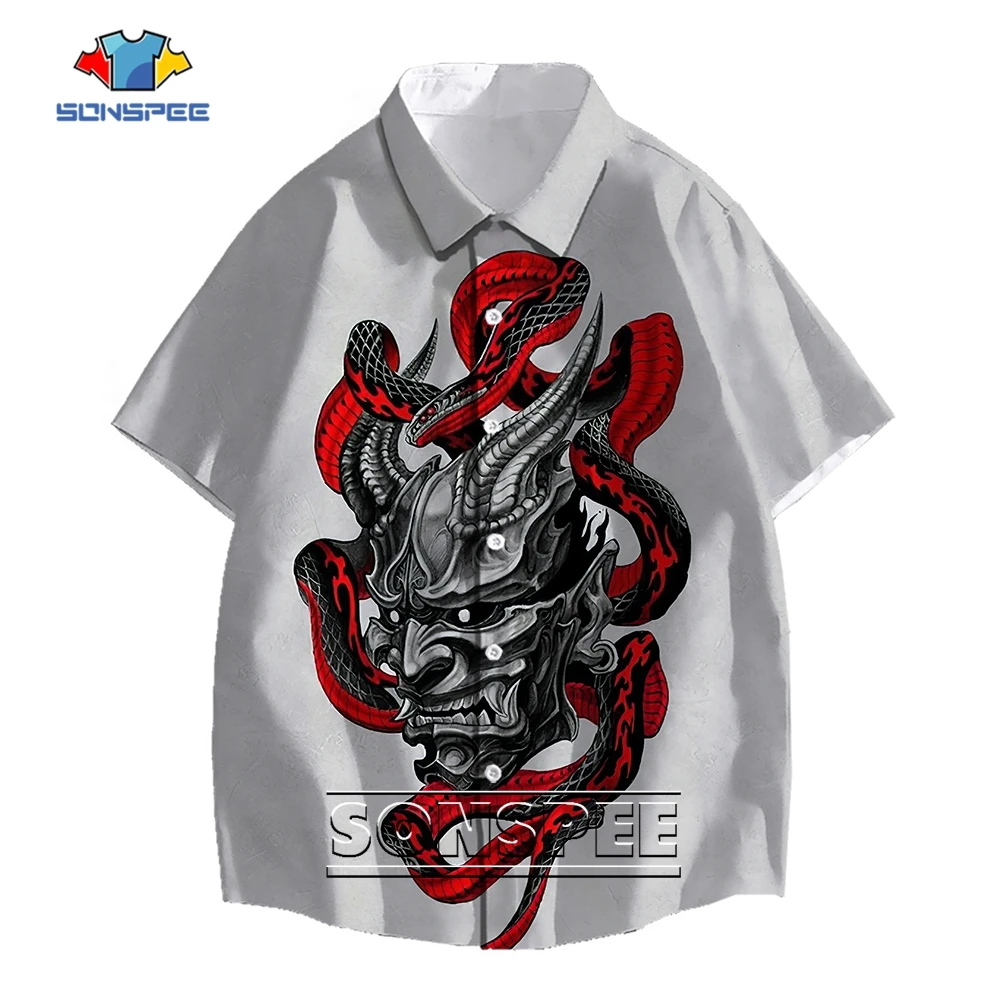 

SONSPEE Devil Grim Reaper 3D Print Harajuku Hawaii Shirt Men Women's Evil Tusks Snake Pattern Oversize Shirt Short Sleeve Tops