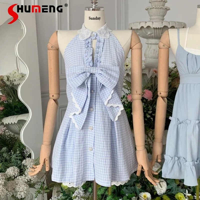 

Preppy Style Women's Clothing Dress Retro Lace Doll Collar Bow Blue And White Plaid Sleeveless Single-breasted Vestidos De Mujer