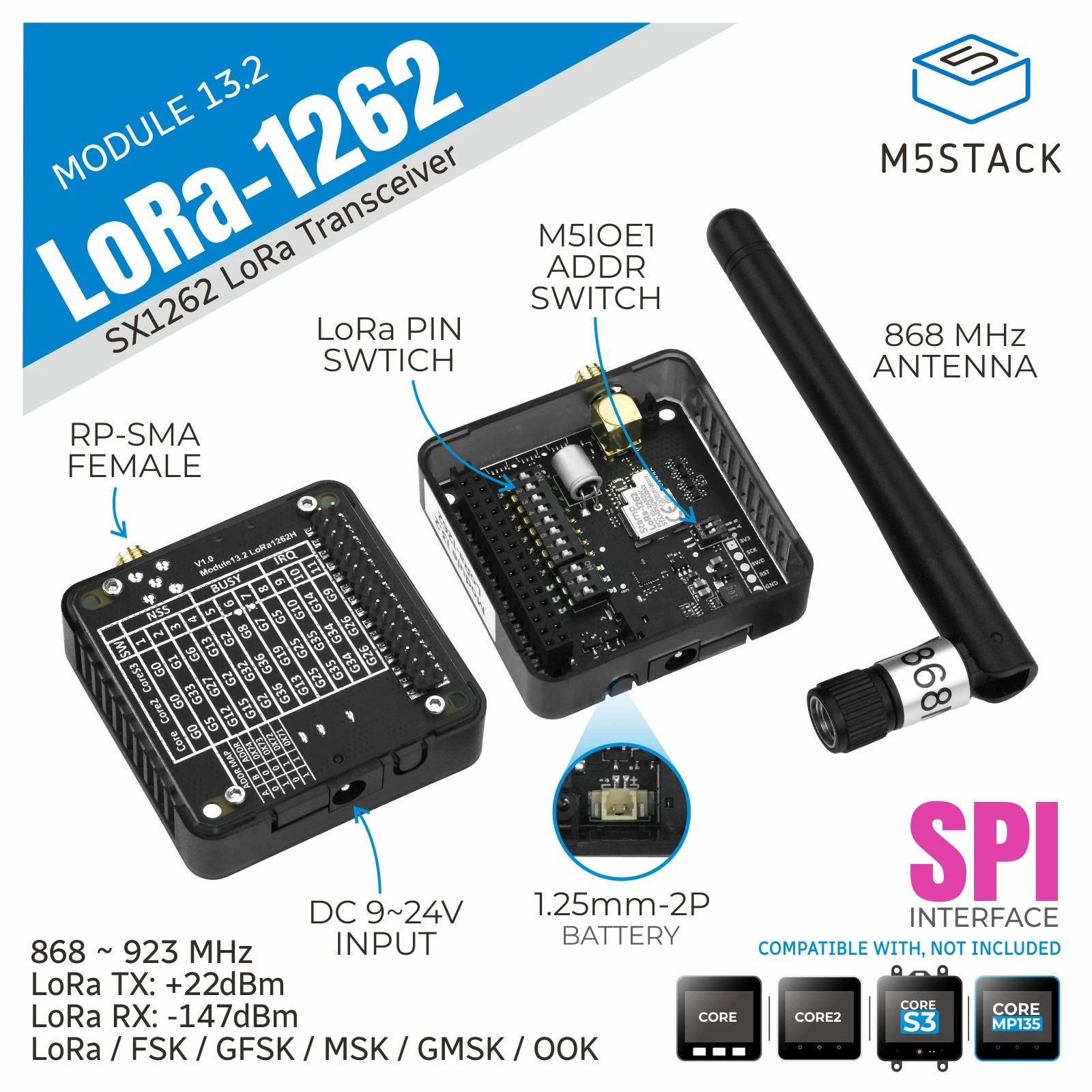 Officiële M5Stack LoRa-module 13.2 (SX1262)