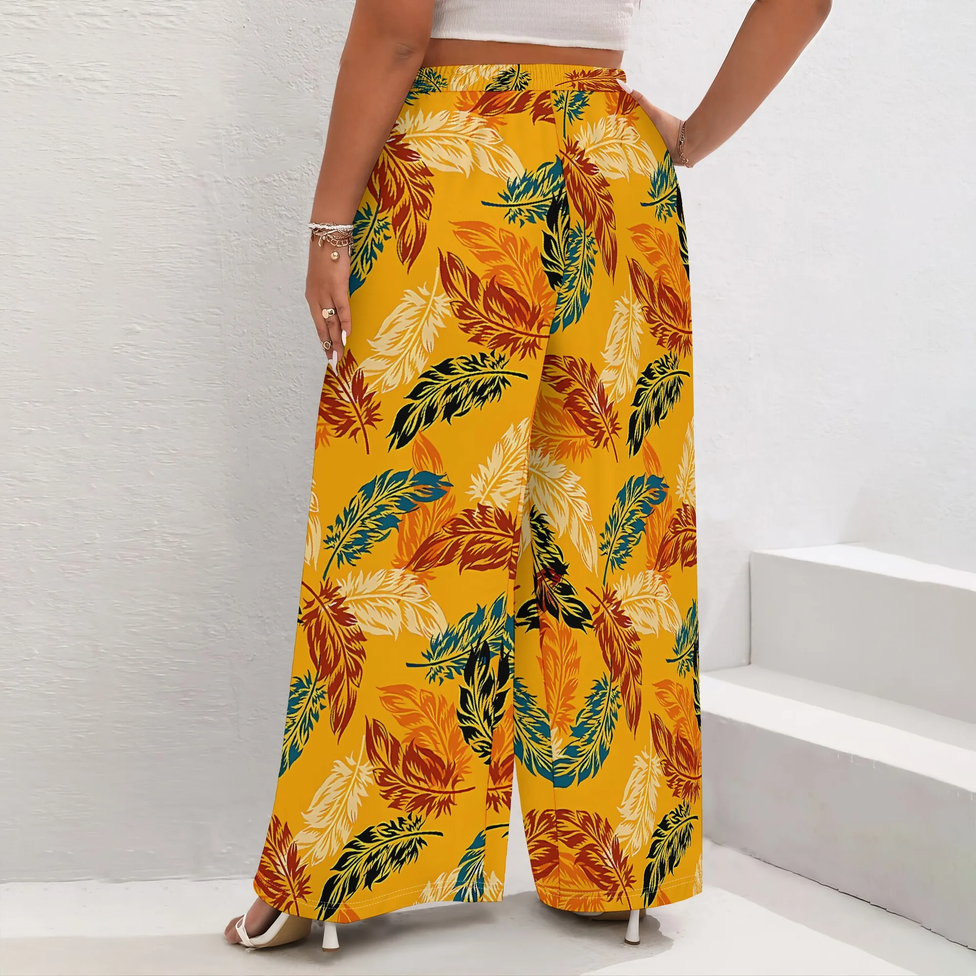 Nupusa Leaf Print Pants for Women Summer Casual High - Waisted Wide Leg Trousers