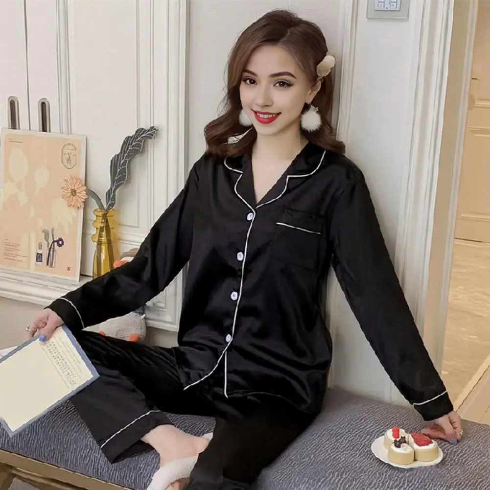 Women Two-piece Loungewear Set Women's Silky Ice Silk Pajamas Set with Lapel Long Sleeve Shirt Wide Leg Pants Solid Color