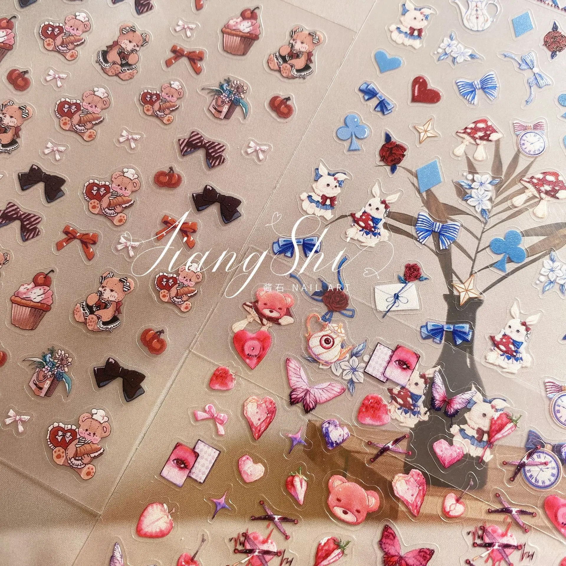 Roze Blauw Zwart Schattig Konijn Beer Strik Vlinder Nagelstickers Kawaii Rose Bloem Nail Art Modieuze Aardbei Nagel Stickers