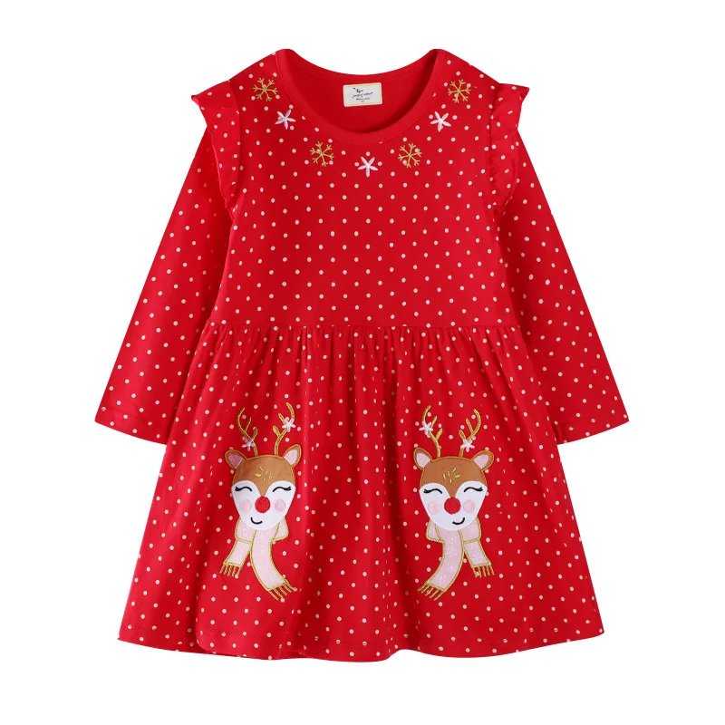 

Autumn Children Girls Long Sleeve Red Cartoon Animal Dress Fashion Kids Casual Clothes For Christmas Party New Year Outfits