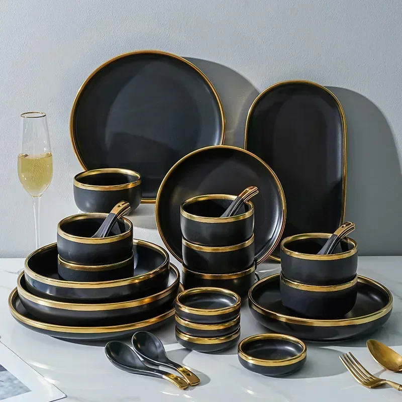 Ceramic Black Gold Edged Cutlery Bowl and Dish Set Home Dinner Matte Bowl and Dish Tray Set Nordic Luxury Complete Tableware Set