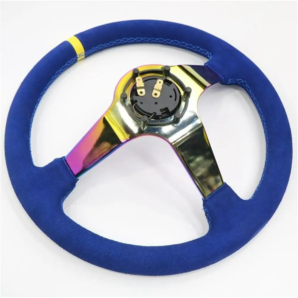 Car Modification Universal Sports Steering Wheel Blue 14 inches Suede Leather Classic JDM Racing Steering Wheel