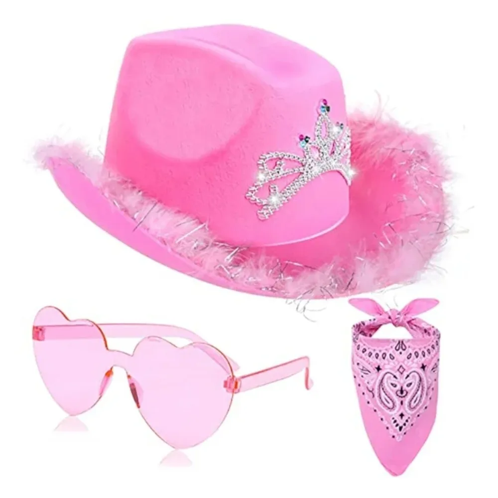 3Pcs Cowgirl Hat Set for Women Tiara with Heart Shape Sunglasses Glitter Cowboy Hat Gorras Para Hombres Шапка Женская Sombrero