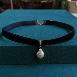 Black Velvet Ribbon Choker Irregular Waterdrop Square Natural Baroque Pearl Charm Short Collar Necklace for Women Gothic Jewelry