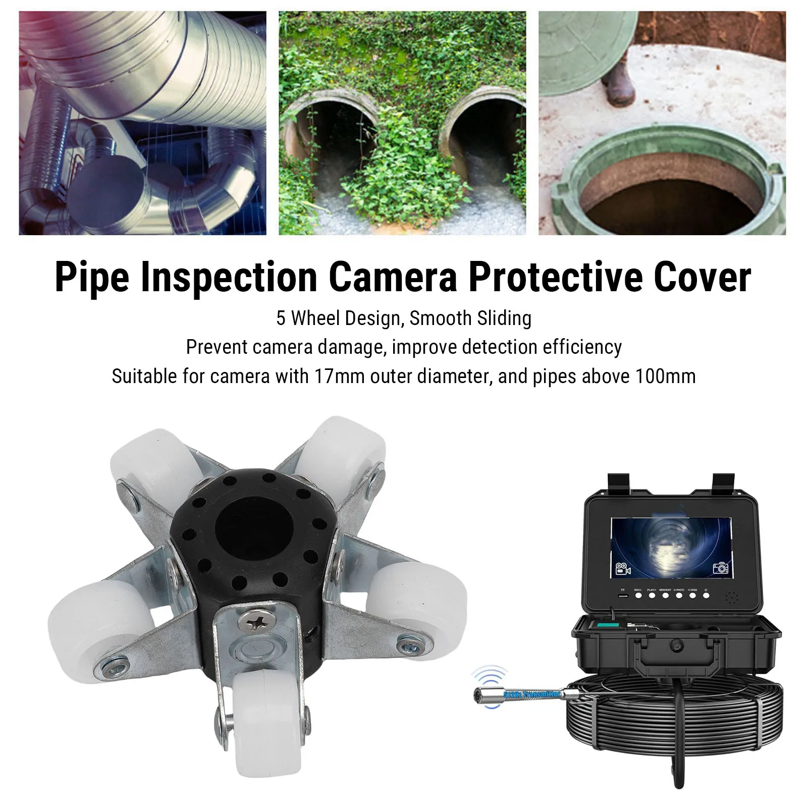 

17MM Pipe Sewer Camera Protective Cover 5 Rollers Inspection Camera Wheel for 100mm Pipeline