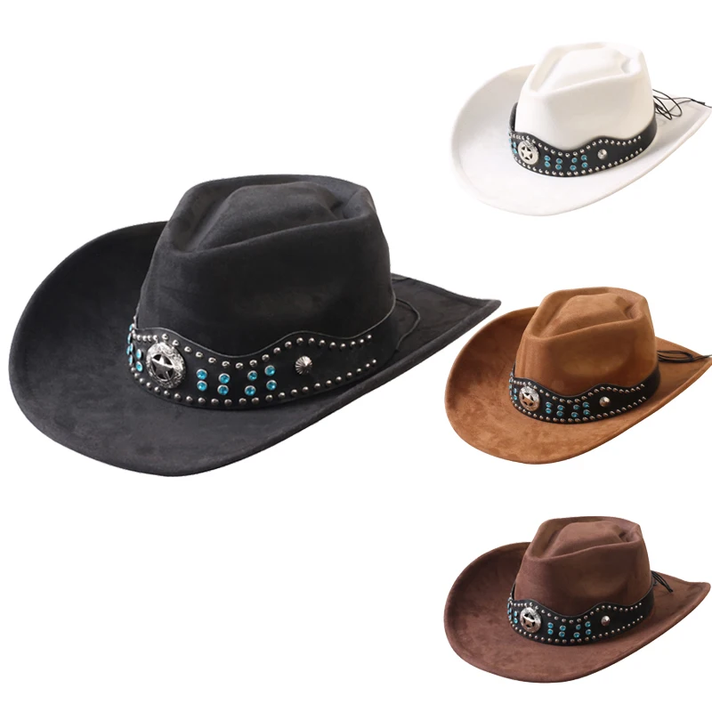 

GEMVIE Western Suede Gentleman Cowboy Hats Women Men Fedora Wide Brim Cowgirl Hat with Belt