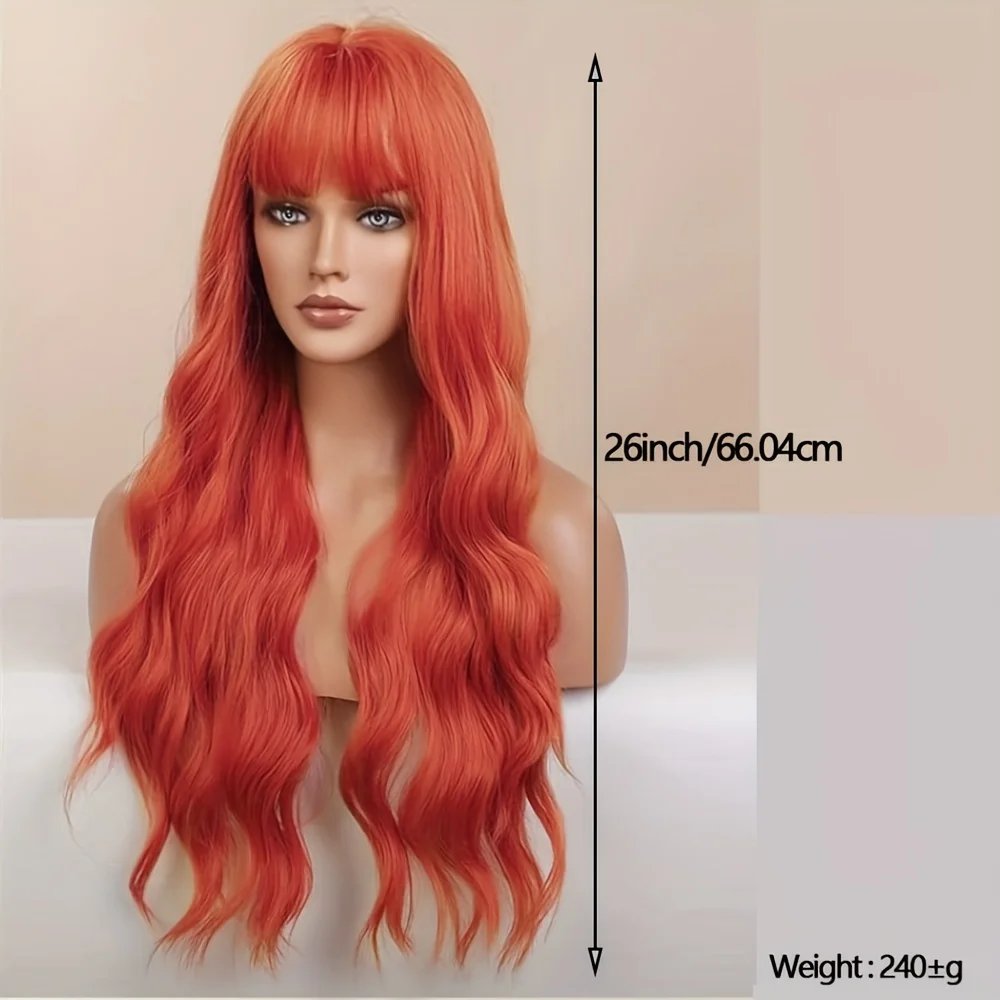 شعر مستعار طويل مموج مع غرة للنساء - باروكة شعر صناعية مموجة مقاومة للحرارة باللون البرتقالي للحفلات التنكرية "شعر مستعار اصطناعي ناعم حريري #2