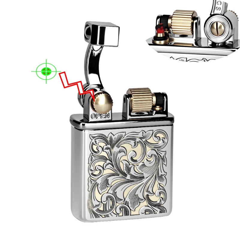 Vintage Brass Trench Lighter Antique Petrol Lighter Refillable Lift Arm Mechanical Flint Wheel Wick Lighter Cool Gift
