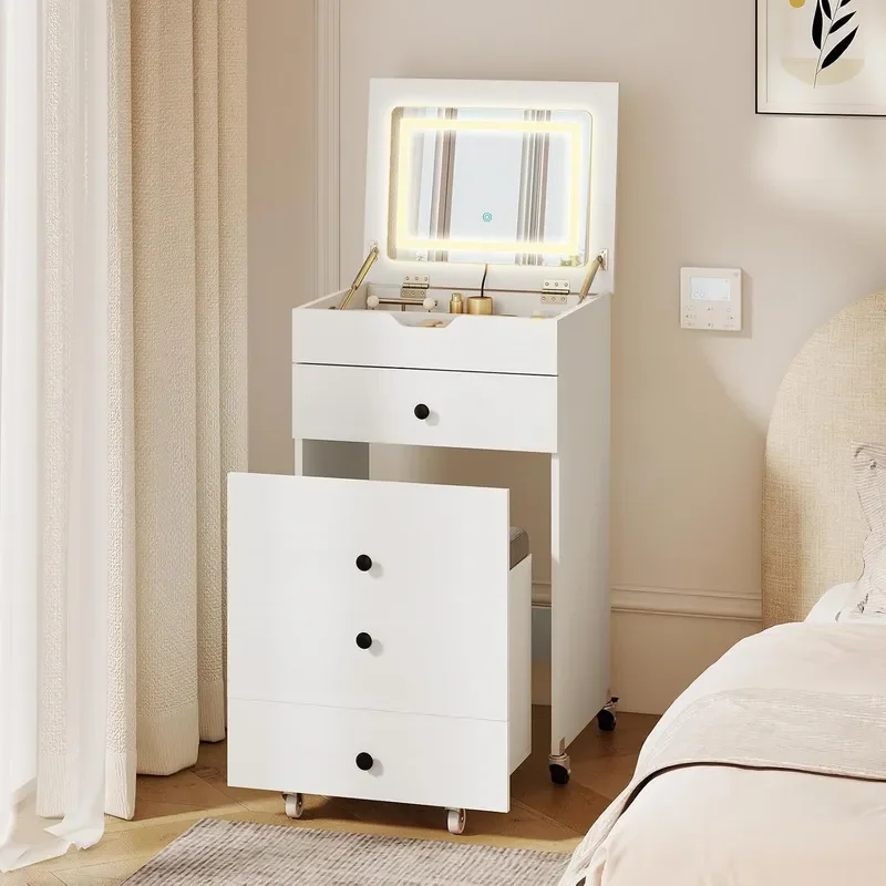 Vanity Desk with Flip Top LED Mirror 3-in-1 Compact Vanity with Hidden Storage Chair & 2 Drawers 20 Modern Makeup Dressing