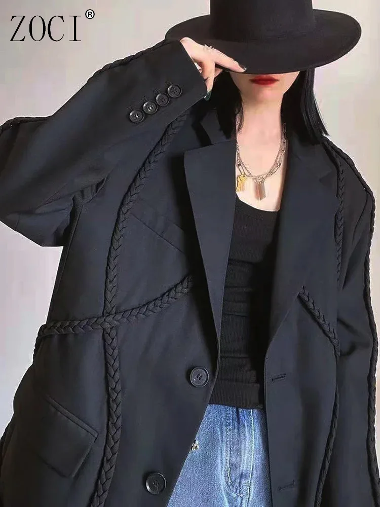 

ZOCI Fashion Women's Weaving Rope Arc Blazer Notched Collar Single Breasted Pockets Loose Suit Jakcets Autumn 2024 New FC1286