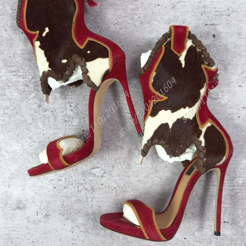 

Suede Hair Graffiti Fabric Stiletto Sandals Women Wine Red Corduroy Woven Print Open Heels Calf Ankle Wrap Back Zipper Lace Shoe