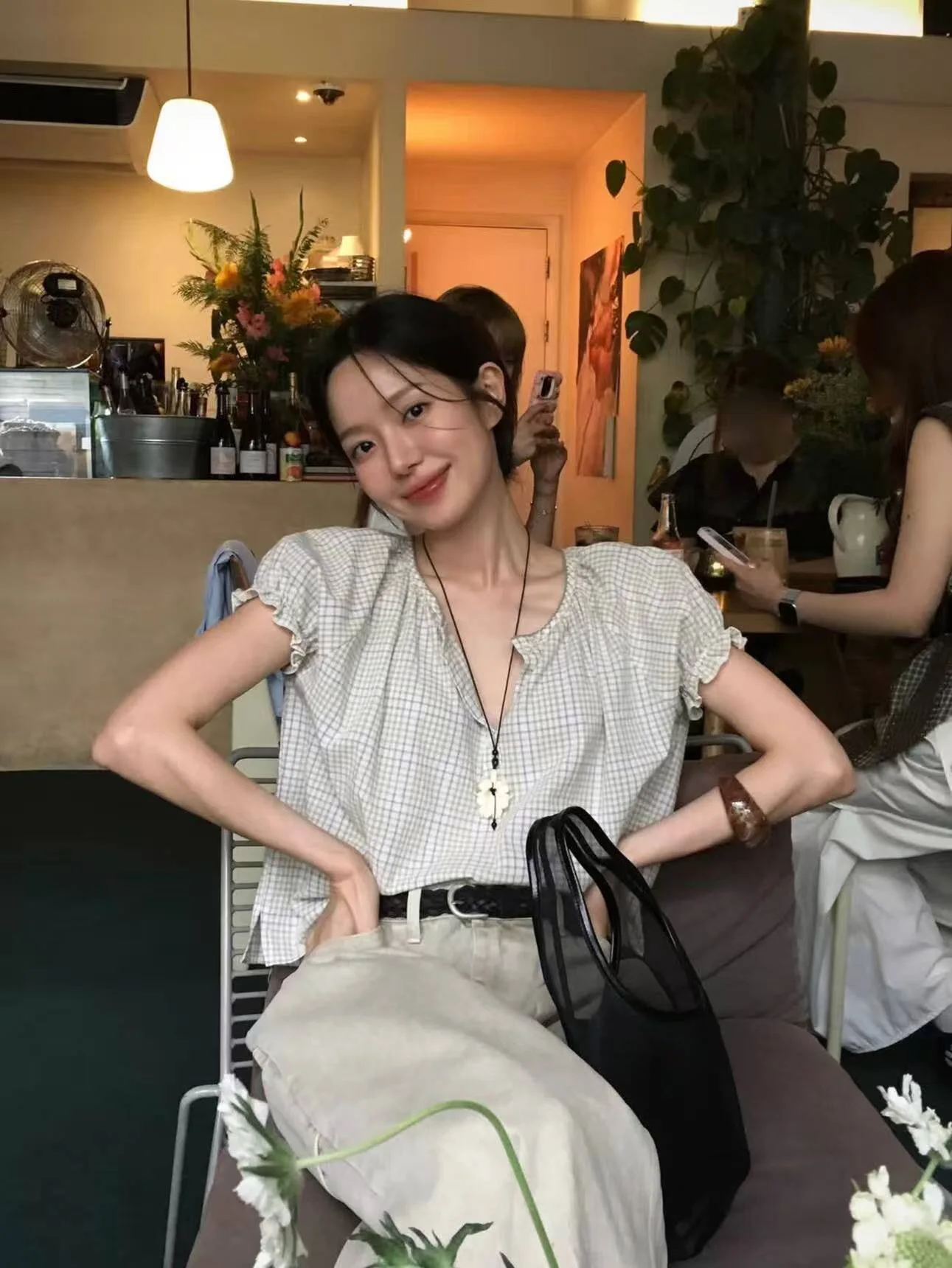 

MOSA Na Yeon Jin Ji Soon Poete Plaid Bubble Sleeve Shirt Korean Style Women's Button Short Sleeve Small Top Cotton Casual...