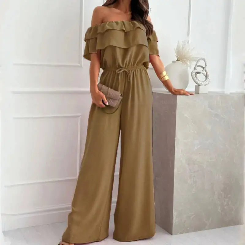 

Casual Solid Summer Romper New Slash Neck Ruffled High Waist Jumpsuits Women's Fashion Off Shoulder Lace Up Long Pants Playsuit