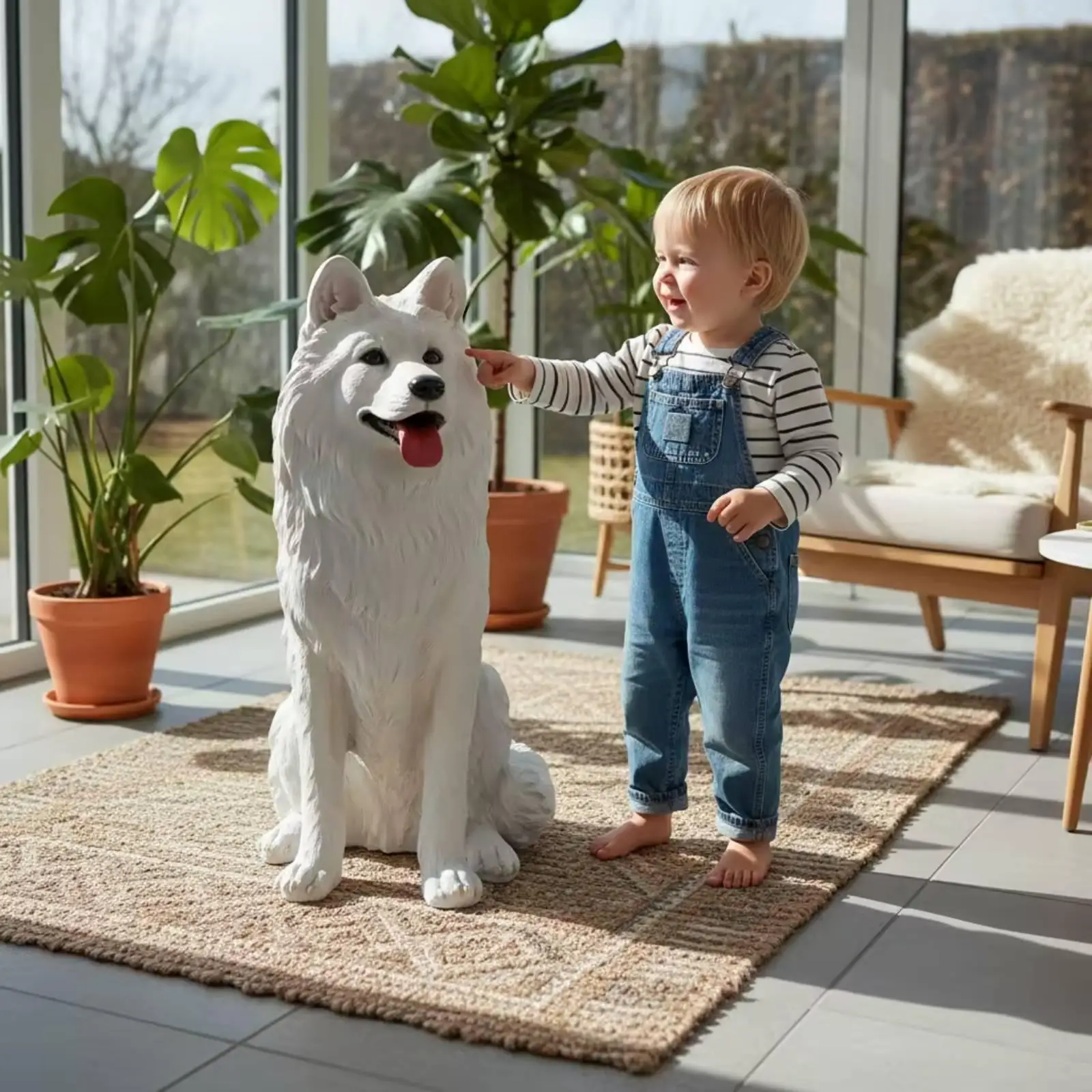 Fiberglass Samoyed Dog Statue White Resin Look Sculpture for Outdoor Patio Garden Home Decorative Piece