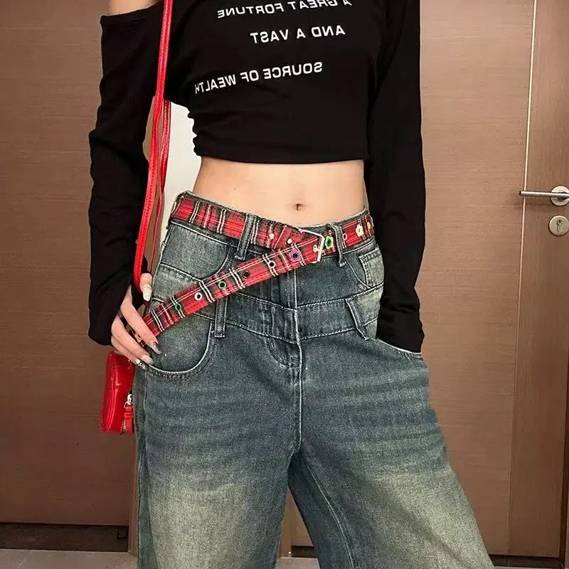 Waist belt for women; red plaid retro canvas versatile 2025 new belt with y2k design sense for niche jeans belt