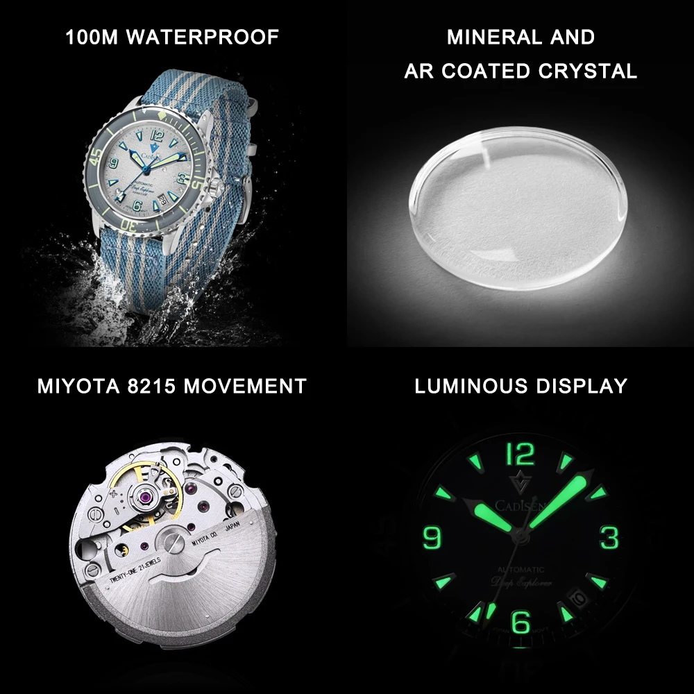 CADISEN Deep Explorer MIYOTA 8215 Automatic Mechanical Watch Man Canvas Strap Wristwatch Luxury Luminous Waterproof Watches view 5