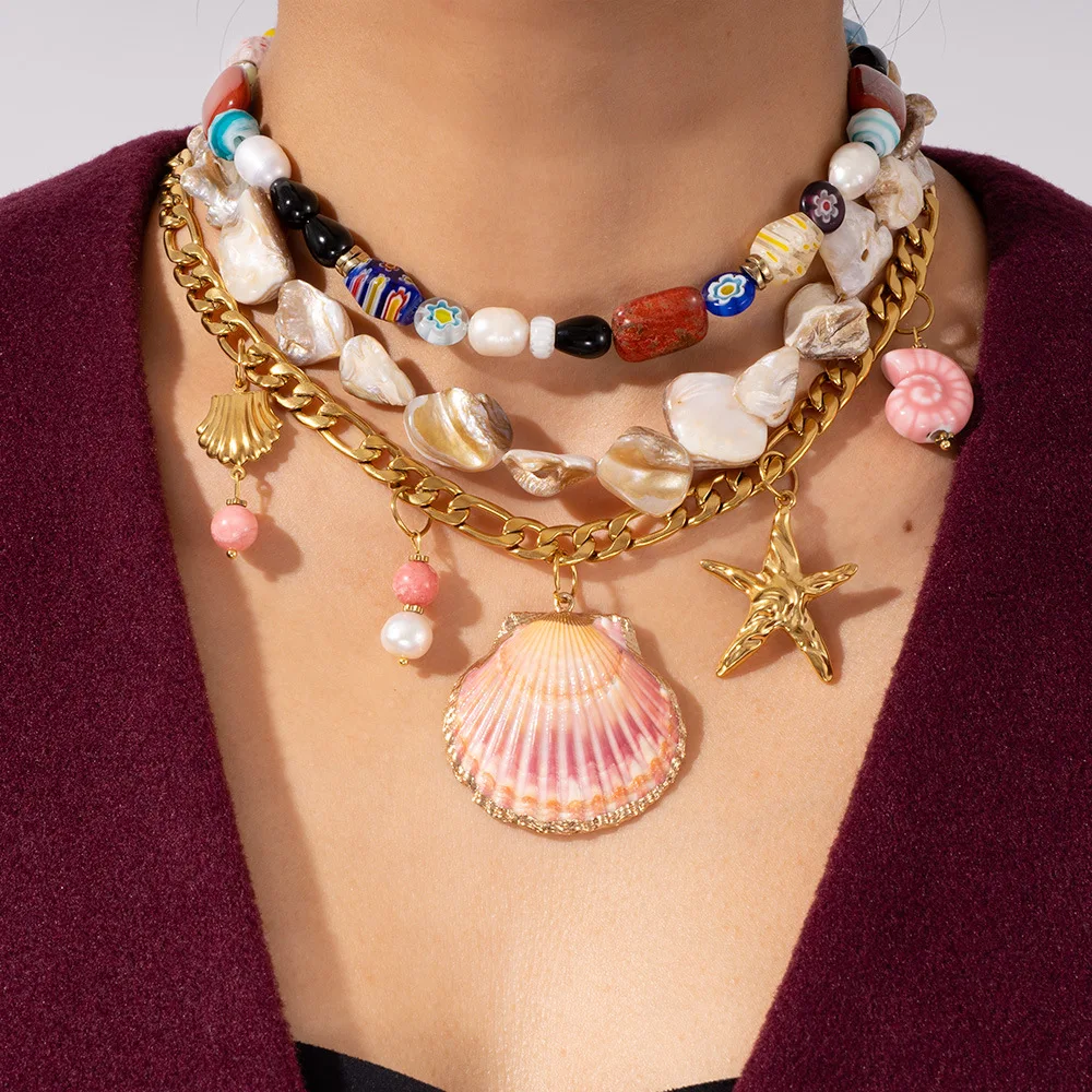 

Waterproof Mermaidcore Statement Chunky Gold Stainless Steel chain Necklace Real Shell Pearl Conch Charm Aesthetic Ocean Jewelry