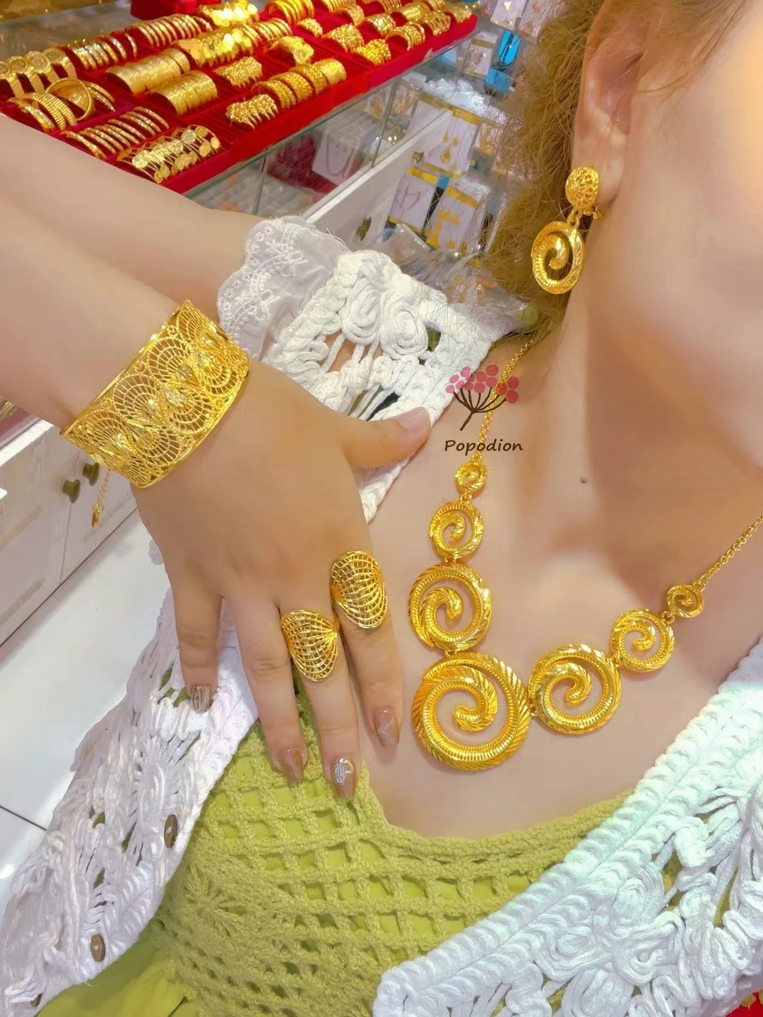 New Dubai Gold Plated Necklace Earrings Ring Bracelet Wedding Party Jewelry Set for Women DD10441