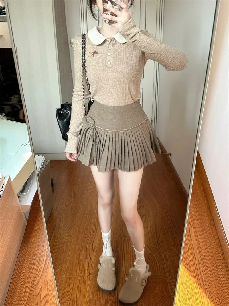 Sweet Spicy Doll Neck Sweater Pleated Skirt Two-piece Set Women Fashion Drawstring College Korean Slim Winter Knit Chic Suit New