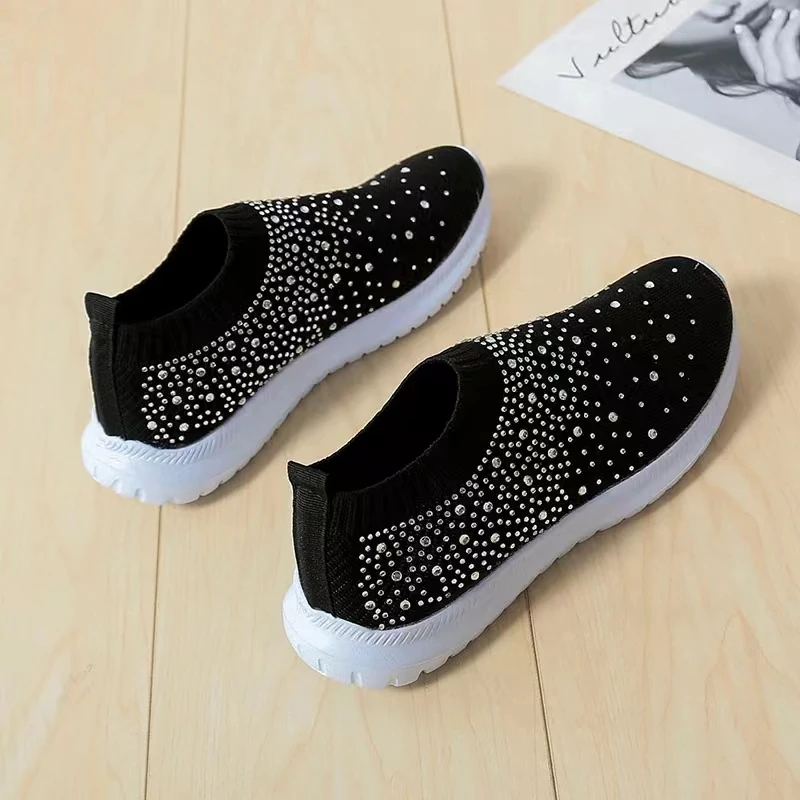 Large Size Rhinestone Elastic Socks Shoes Casual Women\'s Flying Woven Breathable Lightweight Casual Thick-soled Shoes