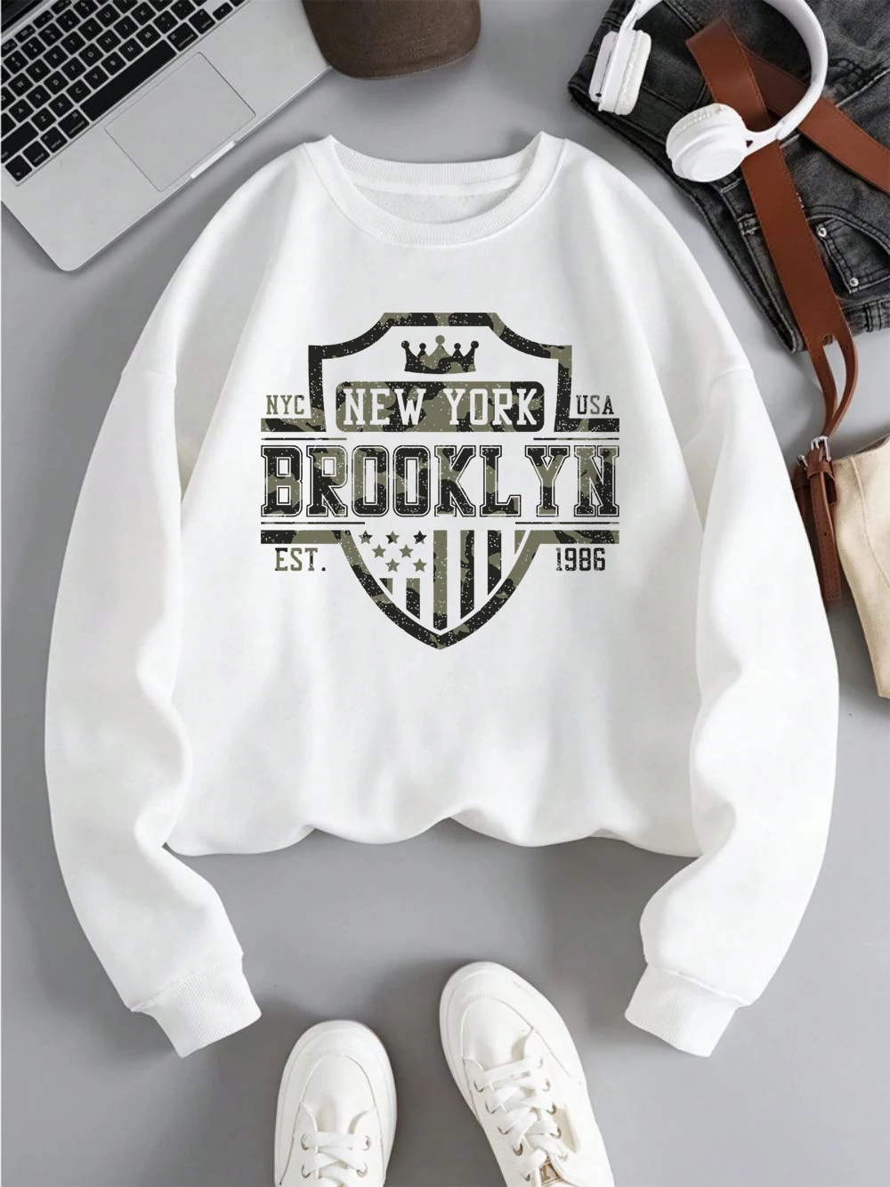 Brooklyn New York Usasweatshirts Women Letter Prints Hoodies Fleece Warm Crewneck Loose Pullover Winter Sporty Female Clothes