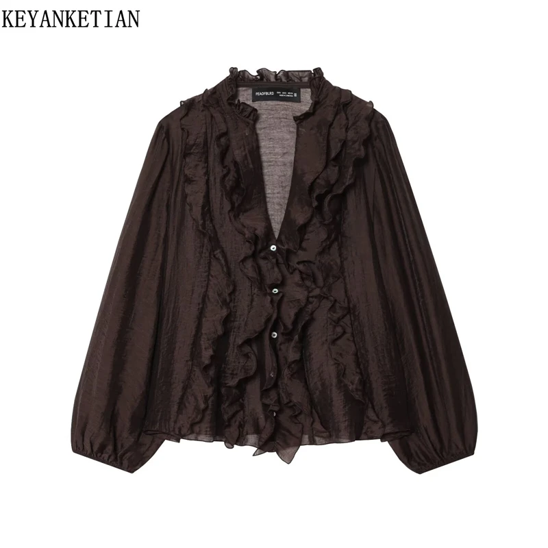 

KEYANKETIAN Spring New Women's Tiered Ruffles Decoration Shirt Retro style V-Neck Long Sleeve Single Breasted OVERSIZE Top