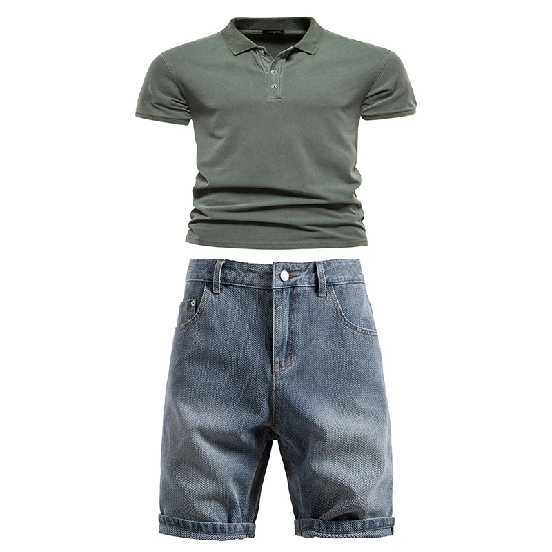 

New Polo Shirt & Denim Shorts Men's Set, European and American Retro Straight-Leg Five-Point Pants, Men's Two-Piece Suit
