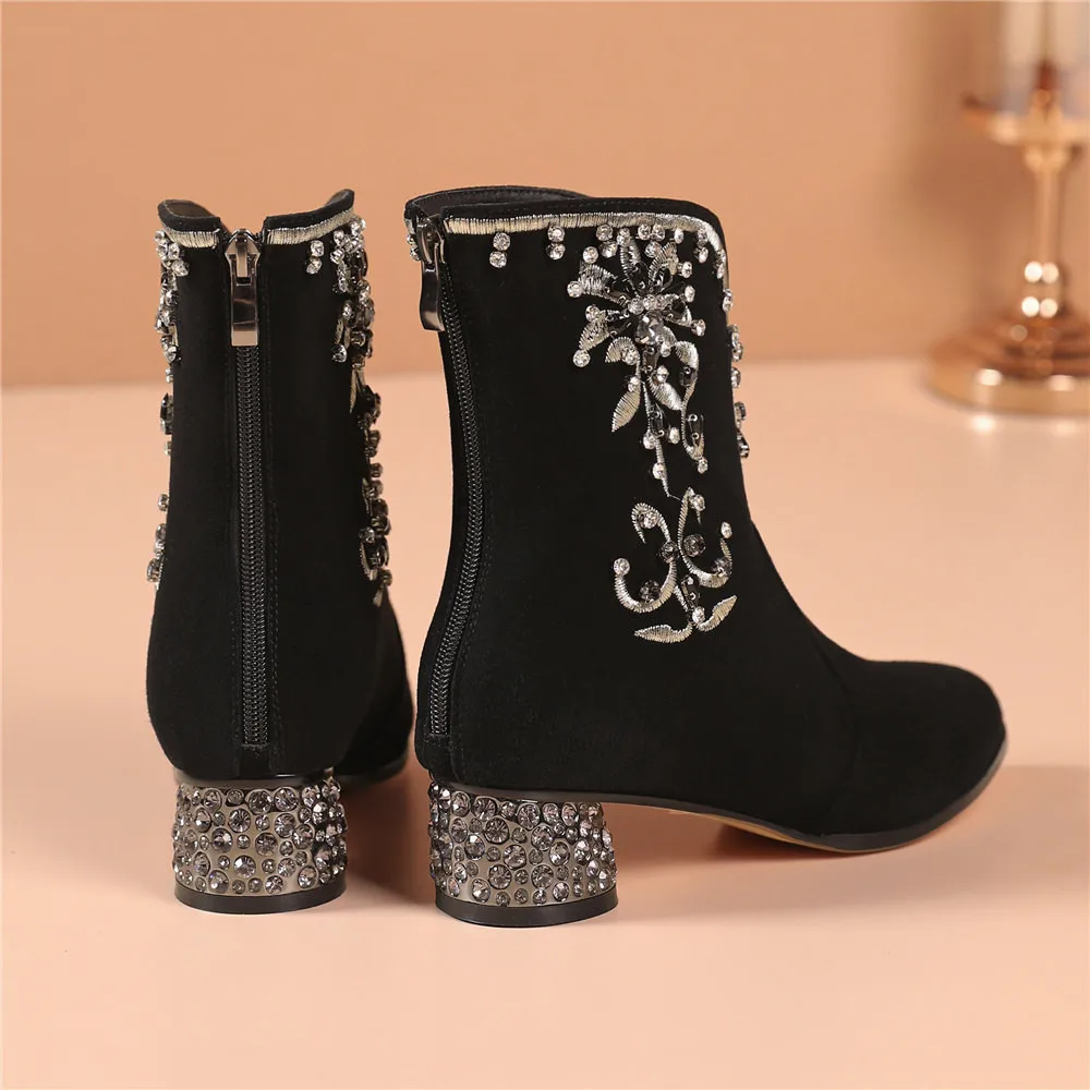 MILI-MIYA Fashion Ethnic Style Women Kid Suede Ankle Boots Crystal Zippers Round Heels Plus Size 34-43 Solid Color Handmade