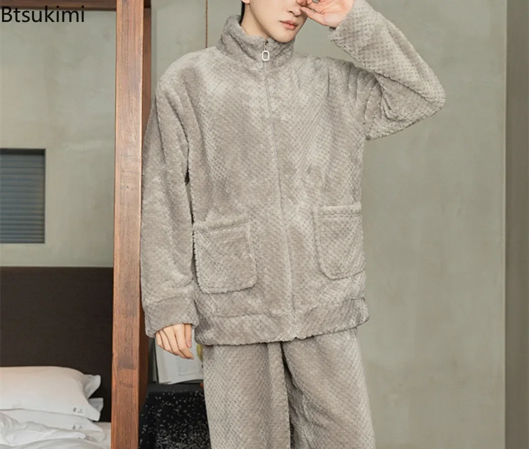 Conjuntos de pijamas cálidos de invierno para hombre, ropa de casa gruesa para hombre, ropa de dormir de lana Coral, conjuntos de 2 uds., ropa de